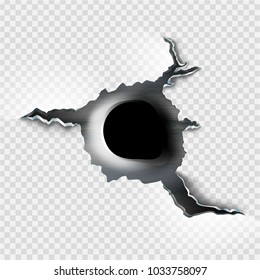 ragged bullet Hole torn in ripped metal on transparent background