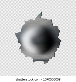 ragged bullet Hole torn in ripped metal on transparent background