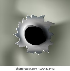 ragged bullet Hole torn in ripped metal on khaki background