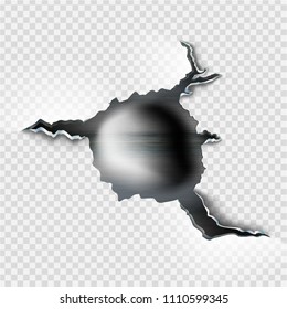 ragged bullet Hole torn in ripped metal on transparent background