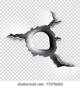 ragged bullet Hole torn in ripped metal on transparent background