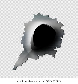 ragged bullet Hole torn in ripped metal on transparent background