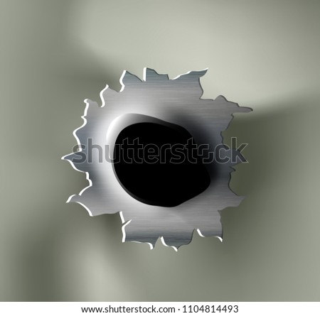 ragged bullet Hole torn in ripped metal on khaki background
