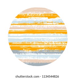 Ragged circle vector geometric shape with striped texture of ink horizontal lines. Disc banner with old paint texture. Emblem round shape logotype circle with grunge background of stripes.