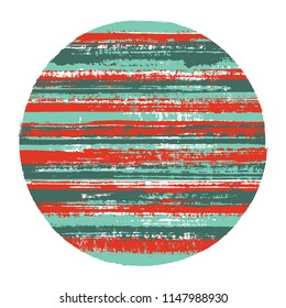Ragged circle vector geometric shape with striped texture of ink horizontal lines. Disc banner with old paint texture. Label round shape circle logo element with grunge background of stripes.