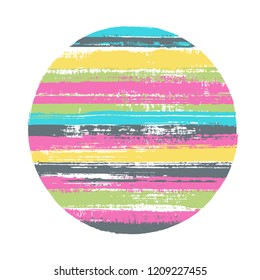 Ragged circle vector geometric shape with stripes texture of paint horizontal lines. Old paint texture disk. Stamp round shape logotype circle with grunge stripes background.