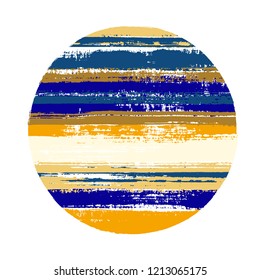 Ragged circle vector geometric shape with stripes texture of paint horizontal lines. Old paint texture disc. Emblem round shape circle logo element with grunge stripes background.