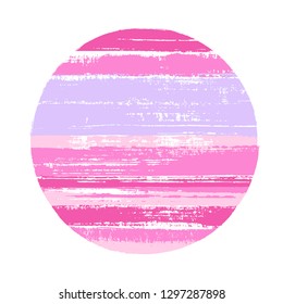 Ragged circle vector geometric shape with stripes texture of paint horizontal lines. Old paint texture disc. Badge round shape logotype circle with grunge stripes background.