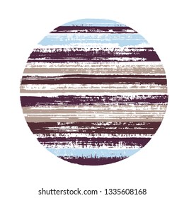 Ragged circle vector geometric shape with striped texture of paint horizontal lines. Old paint texture disc. Stamp round shape circle logo element with grunge background of stripes.