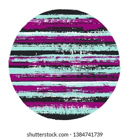 Ragged circle vector geometric shape with striped texture of ink horizontal lines. Old paint texture disc. Emblem round shape circle logo element with grunge background of stripes.