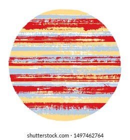 Ragged circle vector geometric shape with striped texture of ink horizontal lines. Disc banner with old paint texture. Badge round shape circle logo element with grunge background of stripes.