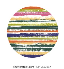 Ragged circle vector geometric shape with striped texture of ink horizontal lines. Planet concept with old paint texture. Label round shape circle logo element with grunge background of stripes.