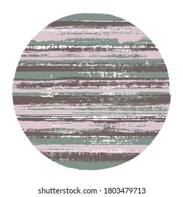 Ragged circle vector geometric shape with striped texture of paint horizontal lines. Planet concept with old paint texture. Badge round shape logotype circle with grunge background of stripes.
