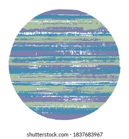 Ragged circle vector geometric shape with striped texture of ink horizontal lines. Old paint texture disk. Label round shape circle logo element with grunge background of stripes.