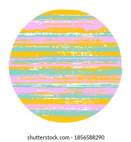 Ragged circle vector geometric shape with striped texture of paint horizontal lines. Disc banner with old paint texture. Badge round shape logotype circle with grunge background of stripes.