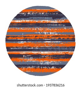 Ragged circle vector geometric shape with striped texture of paint horizontal lines. Old paint texture disc. Emblem round shape logotype circle with grunge background of stripes.