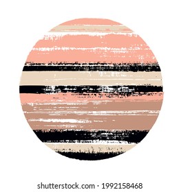 Ragged circle vector geometric shape with stripes texture of ink horizontal lines. Planet concept with old paint texture. Stamp round shape circle logo element with grunge stripes background.