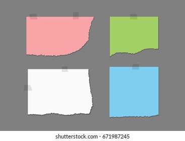 Ragged colored sheets and fragments of adhesive tape. Set of pink, green, white, blue pieces of torn paper. Four templates with shadow isolated on a dark gray background. Vector illustration.