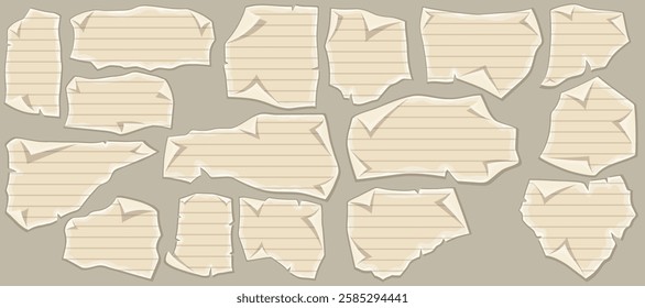 Ragged graph paper, school page in line. Set vintage blank letters, documents, rolled up empty paper sheets and lined pages. Pieces from a school notebook. Vector cartoon isolated objects.