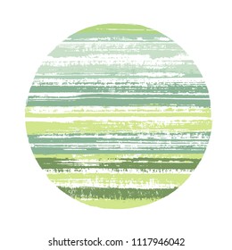 Ragged green circle vector geometric shape with striped texture of ink horizontal lines. Planet concept with old paint texture. Badge round shape circle logo element with grunge background of stripes.