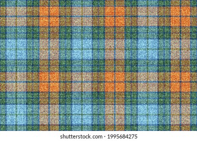 ragged grungy seamless checkered texture of classic coat tweed light blue and orange fabric with blue, green stripes for gingham, plaid, tablecloths, shirts, tartan, clothes, dresses, bedding, blanket