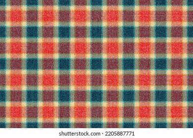 ragged grungy seamless checkered texture of classic coat red aquamarine tweed fabric with, turquoise yellow stripes for gingham, plaid, tablecloths, shirts, tartan, clothes, dresses, bedding, blanket