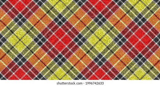 ragged grungy seamless diagonal checkered texture of classic coat red yellow tweed fabric with white, black stripes for gingham, plaid, tablecloths, shirts, tartan, clothes, dresses, bedding, blanket