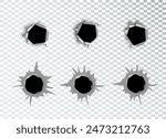 Ragged hole in metal from bullets on white transparent background. Vector