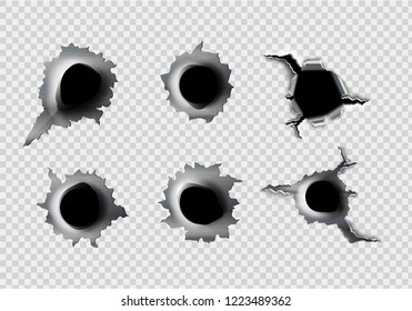 ragged hole in metal from bullets on White transparent background