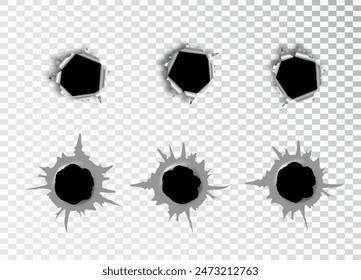 Ragged hole in metal from bullets on white transparent background. Vector