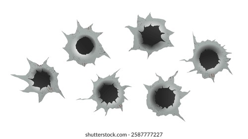 Ragged hole in metal from bullets. Set of bullet holes.