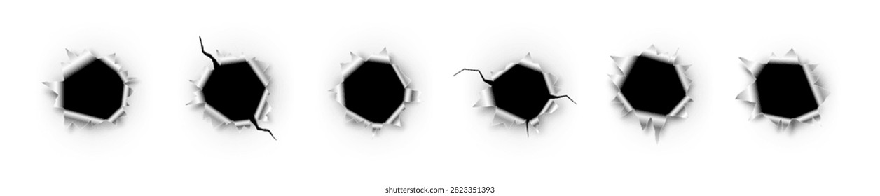 Ragged hole in metal surface. Bullet holes realistic vector illustrations set. Damaged effect from bullet, impact gunshot. Cracks aperture on steel texture. Missile weapon shot torn edge round mark