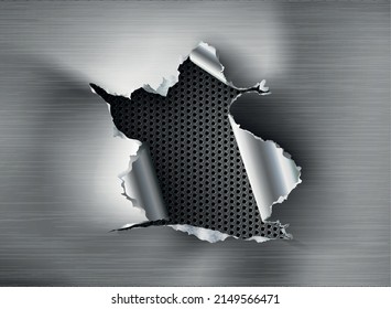 ragged Hole torn in ripped metal on steel background