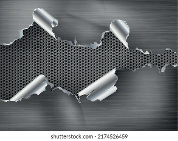 ragged Hole torn in ripped metal on steel background. Vector illustration