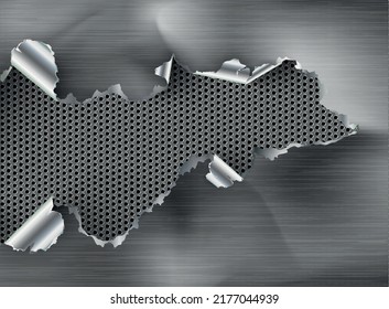 ragged Hole torn in ripped metal on steel background. Vector illustration