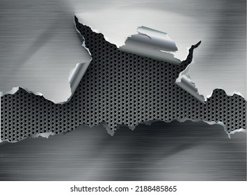 ragged Hole torn in ripped metal on steel background. Vector illustration