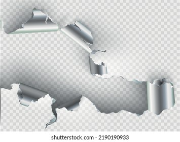 ragged Hole torn in ripped metal on transparent background. Vector illustration