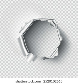 ragged Hole torn in ripped metal on transparent background. Vector illustration