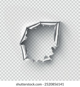 Buraco irregular rasgado em metal rasgado em fundo transparente. Ilustração vetorial