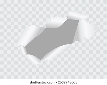 Ragged hole torn in ripped out piece of paper isolated on transparent background. Vector illustration