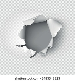 ragged Hole torn in ripped paper on transparent background. Vector illustration