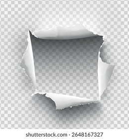 Buraco irregular rasgado em papel rasgado em fundo transparente. Ilustração vetorial