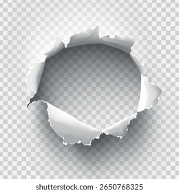 Buraco irregular rasgado em papel rasgado em fundo transparente. Ilustração vetorial