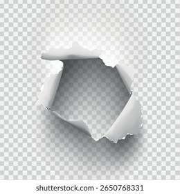 Buraco irregular rasgado em papel rasgado em fundo transparente. Ilustração vetorial