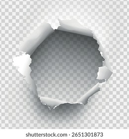 Buraco irregular rasgado em papel rasgado em fundo transparente. Ilustração vetorial