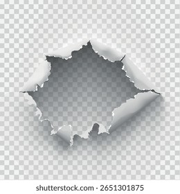 Buraco irregular rasgado em papel rasgado em fundo transparente. Ilustração vetorial