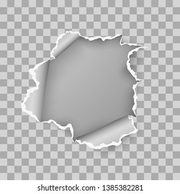 Ragged hole torn in ripped sheet of paper. Vector illustration isolated on transparent background