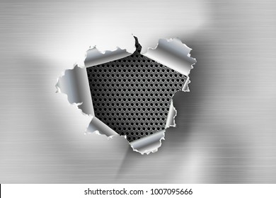 ragged Hole torn in ripped steel on metal background