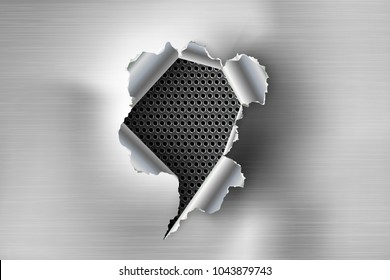 ragged Hole torn in ripped steel on metal background
