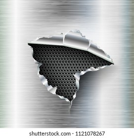 ragged Hole torn in ripped steel on metal background